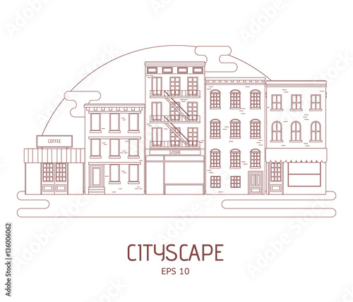 Apartment Houses and City Public Buildings. Cityscape. LIne Vector Illustration of Urban Landscape. City Background.