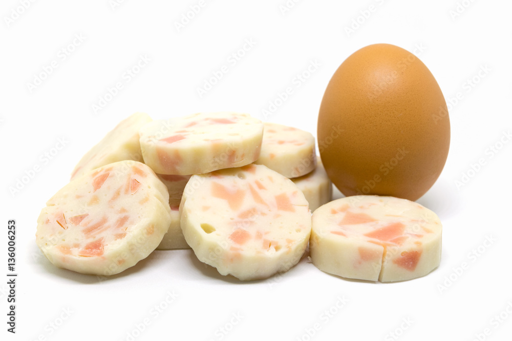 Vietnamese Pork Sausage sliced with egg isolated on white backgr Vietnamese Pork Sausage sliced with egg isolated on white backgr