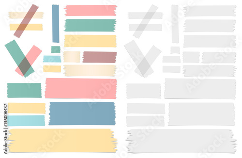 Set of different size, colorful sticky paper, adhesive, masking tape are on white background