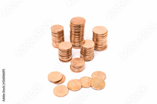 coin, bronze coin stack isolated on white background