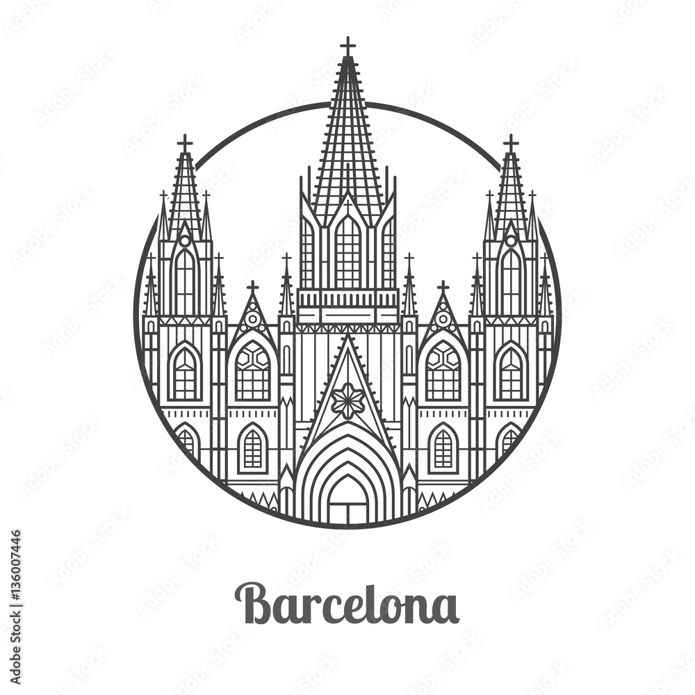 Travel Barcelona icon. Gothic cathedral is one of the famous architectural landmarks and tourist attractions in capital of Catalonia, Spain. Thin line catholic church icon in circle.
