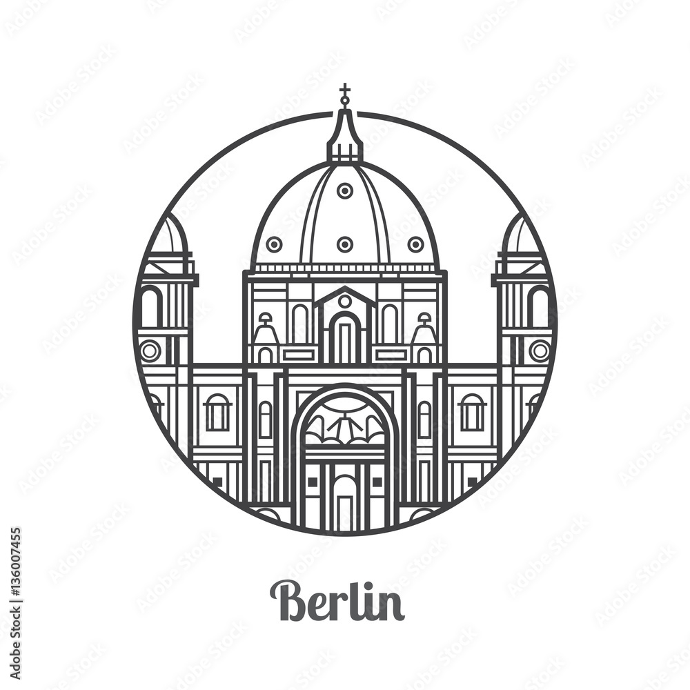 Travel Berlin icon. Dome cathedral is one of the famous landmarks and tourist attractions in capital of Germany. Thin line baroque church icon in circle.