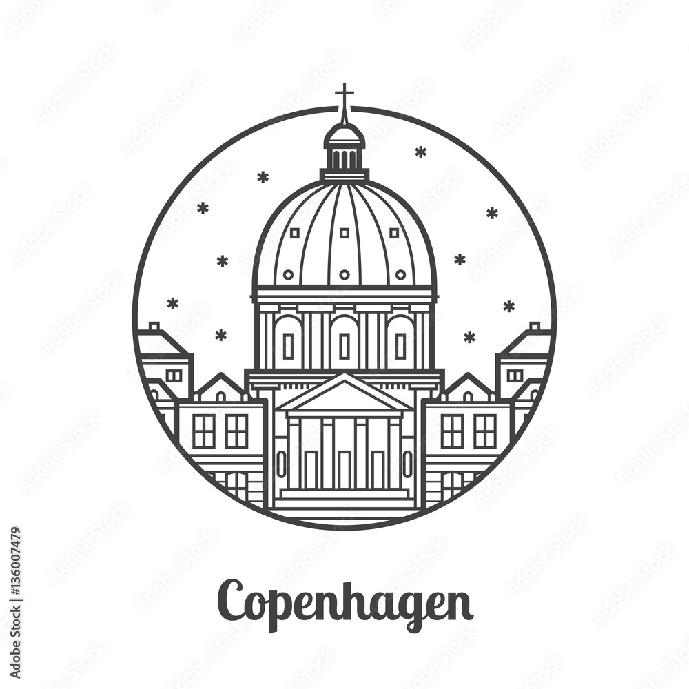 Travel Copenhagen icon. Marble church and royal palace is one of the famous landmarks and tourist attractions in the capital of Denmark. Thin line dome cathedral icon in circle.