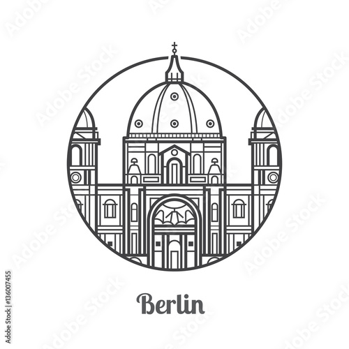 Travel Berlin icon. Dome cathedral is one of the famous landmarks and tourist attractions in capital of Germany. Thin line baroque church icon in circle.