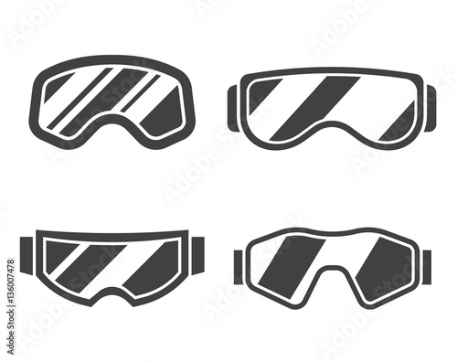 Snowboard or ski goggles silhouette collection in flat design. Skiing or snowboarding face protection glasses outline vector icon. Winter sport goggle set in black and white.
