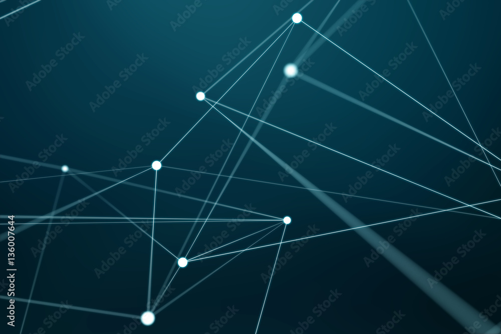 Floating white and blue glowing dot network 3D rendering