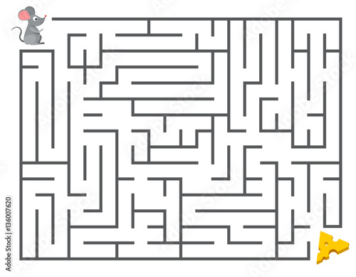 Cute mouse searching cheese. Kids maze puzzle, labyrinth vector illustration
