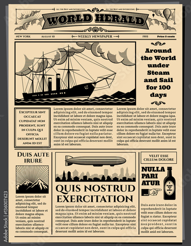 Retro business newspaper, old dirty sheets newsprint vector mockup