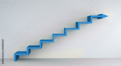 Blue stairs arrow going up on concrete wall 3D rendering