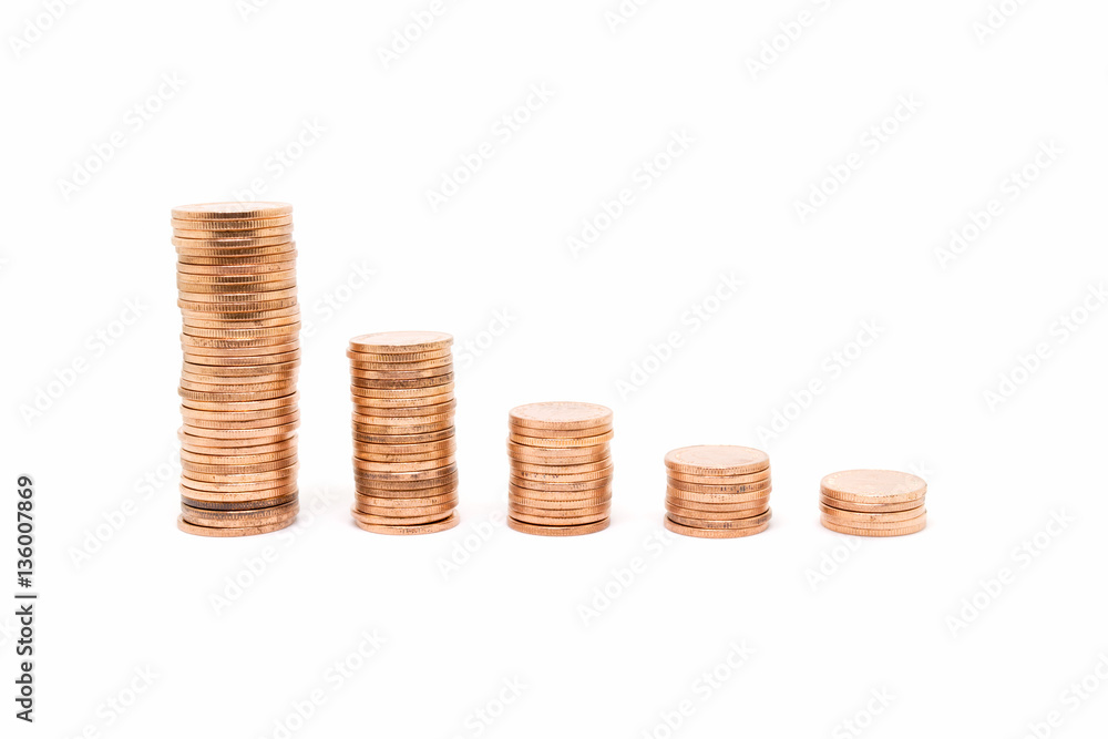 coin, bronze coin stack isolated on white background