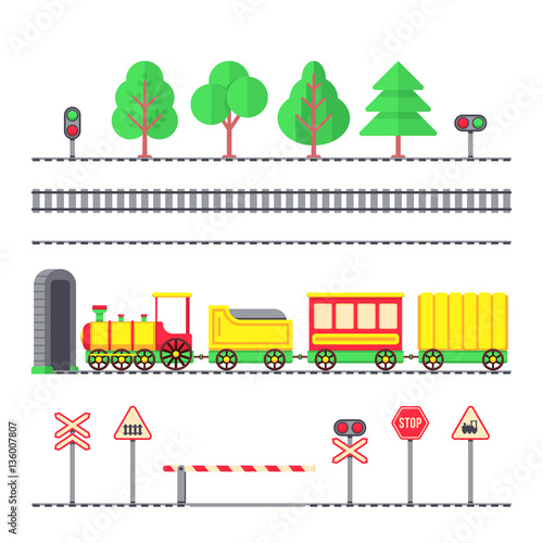 Cartoon toy passenger train, kids railroad, railway signs and semaphores