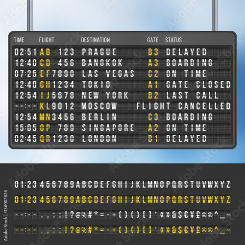 Airport flip arrivals information scoreboard vector mockup