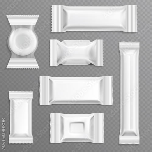 White empty bar polyethylene wrapper packaging, isolated candy package vector set