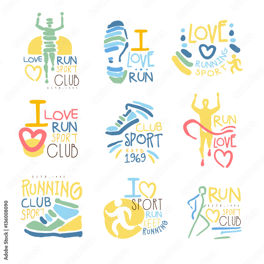 Running Supporters And Run Fans Club For People That Love Sport Set Of Colorful Promo Sign Design Templates