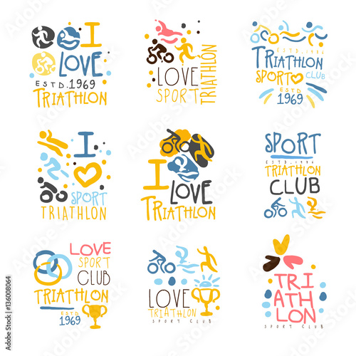 Triathlon Supporters And Fans Club For People That Love Sport Set Of Colorful Promo Sign Design Templates © topvectors