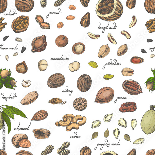 Seamless pattern with colored nuts and seeds