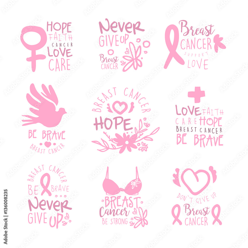 Fototapeta premium Breast Cancer Fund Collection Of Colorful Promo Sign Design Templates In Pink Color With International Cancer Sickness Symbols And Motivating Slogans