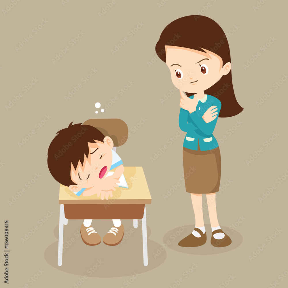 Teacher stands looking at the student boy sleep. Teacher stands looking at the student boy sleep.