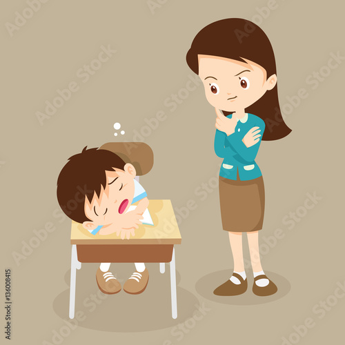 Teacher stands looking at the student boy sleep.
