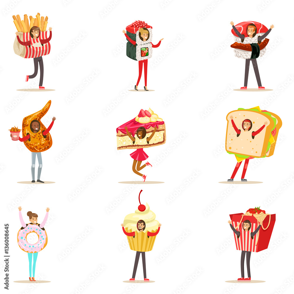 People Wearing Fast Food Snacks Costumes Disguised As Cafe Menu Items Collection Of Cartoon Characters People Wearing Fast Food Snacks Costumes Disguised As Cafe Menu Items Collection Of Cartoon Characters