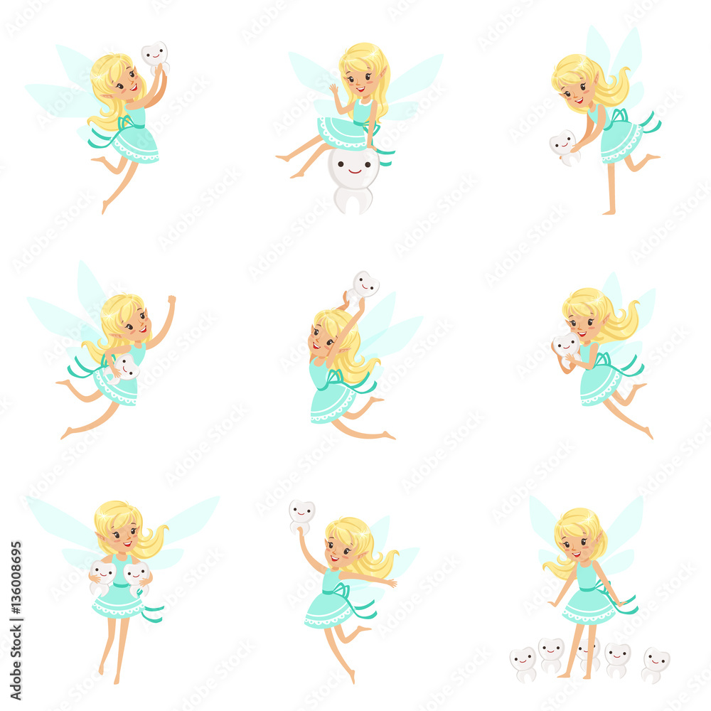 Tooth Fairy, Blond Little Girl In Blue Dress With Wings And Baby Teeth Set Of Cute Girly Cartoon Fantastic Fairy-Tale Creature Tooth Fairy, Blond Little Girl In Blue Dress With Wings And Baby Teeth Set Of Cute Girly Cartoon Fantastic Fairy-Tale Creature