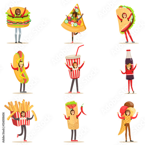 People Wearing Fast Food Snacks Costumes Disguised As Cafe Menu Items Set Of Cartoon Characters