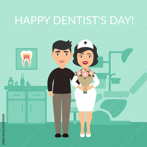 Holiday greeting card medical titles.Happy Dentist's Day. The patient thanked the dentist. Bouquet of flowers. Vector in modern flat style.