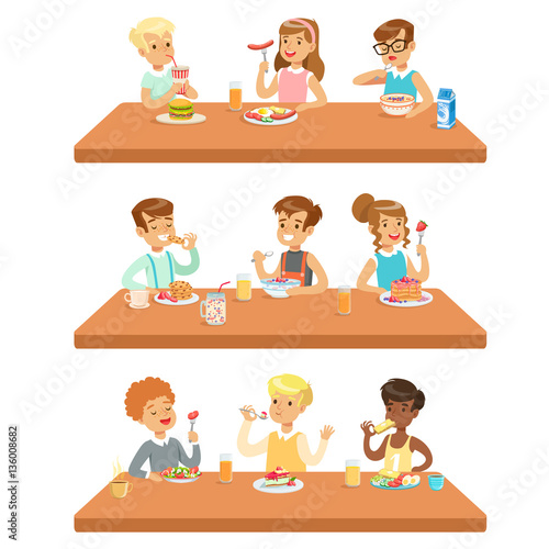 Kids Eating Brekfast And Lunch Food And Drinking Soft Drinks Set Of Cartoon Characters Enjoying Their Meal Sitting At The Table