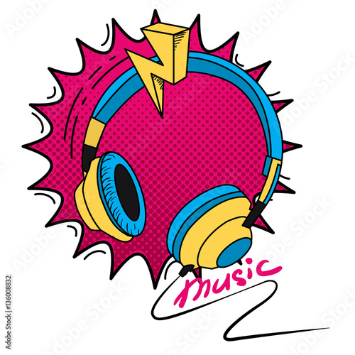 Colorful headphones in comics stile over halftone background. 