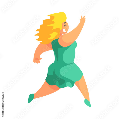 Happy Blond Plus Size Woman In Short Green Summer Dress Running Enjoying Life, Smiling Overweighed Girl Cartoon Characters