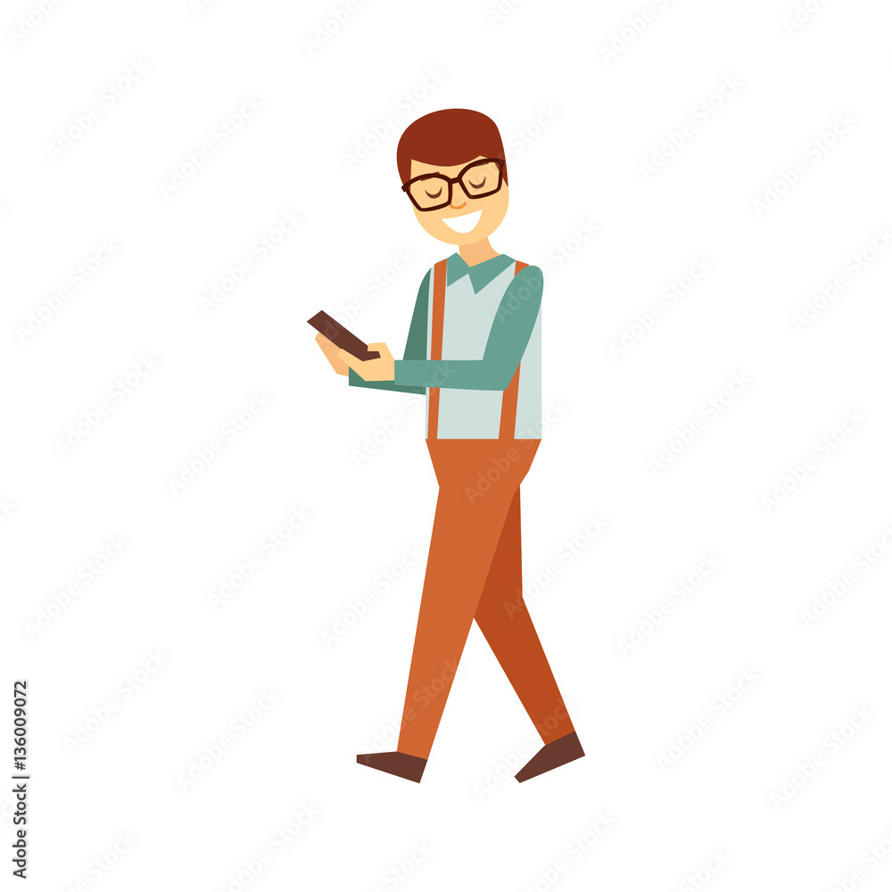 Man In Glasses Walking Looking At Smartphone Screen, Person Being Online All The Time Obsessed With Gadget Man In Glasses Walking Looking At Smartphone Screen, Person Being Online All The Time Obsessed With Gadget