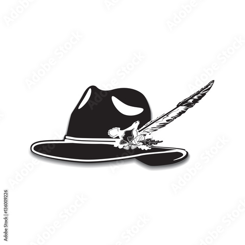 Vector illustration of hunting hat with feather and metal badge, flat design