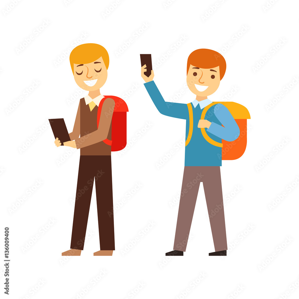 Two Boys Walking From School With Their Backpacks And Smartphones, Person Being Online All The Time Obsessed With Gadget Two Boys Walking From School With Their Backpacks And Smartphones, Person Being Online All The Time Obsessed With Gadget