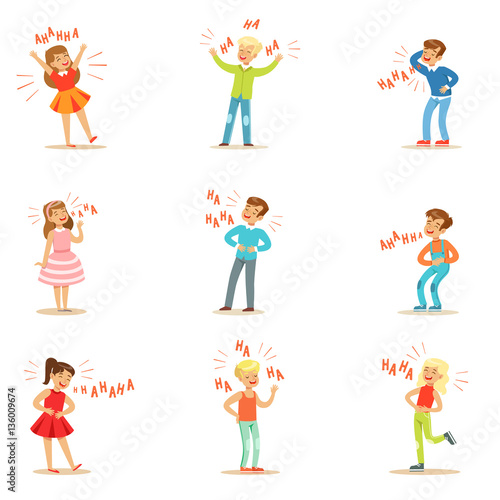 Kids Hysterically Laughing Out Loud Set Of Cartoon Characters With Laughter And Giggle Spelled In Text