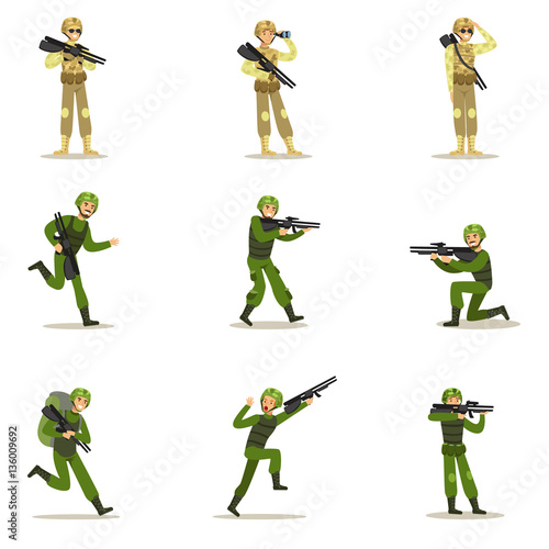 Infantry Soldiers In Full Military Khaki Uniform With Guns During War Operation Set Of Cartoon Land Forces Cartoon Characters