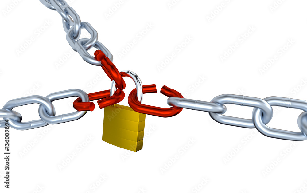 Three Metallic Chains with Three Stressed Link Locked with a Padlock Three Metallic Chains with Three Stressed Link Locked with a Padlock