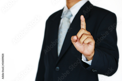 Businessman with suit and action hand sign for planning the job. Business concept with people and modern life in the city. Investment of trader in business market and successful in stock exchange.