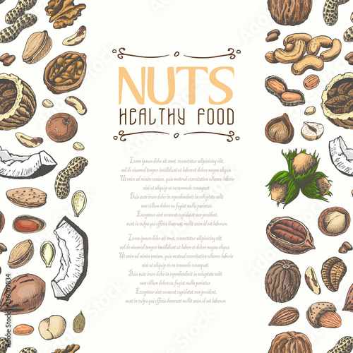Vertical seamless background with colored nuts and seeds