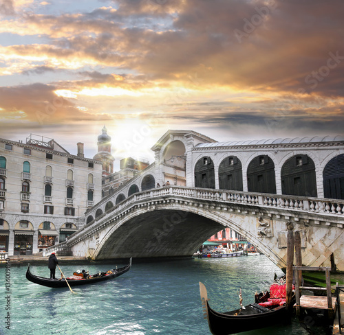 Venice, Rialto bridge and with gondola on Grand Canal, Italy