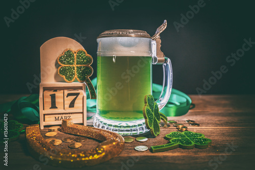 Green beer, horseshoe and shamrocks