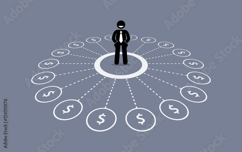 Businessman with multiple source of financial income. Vector artwork depicts wealth, making money, and steady business.