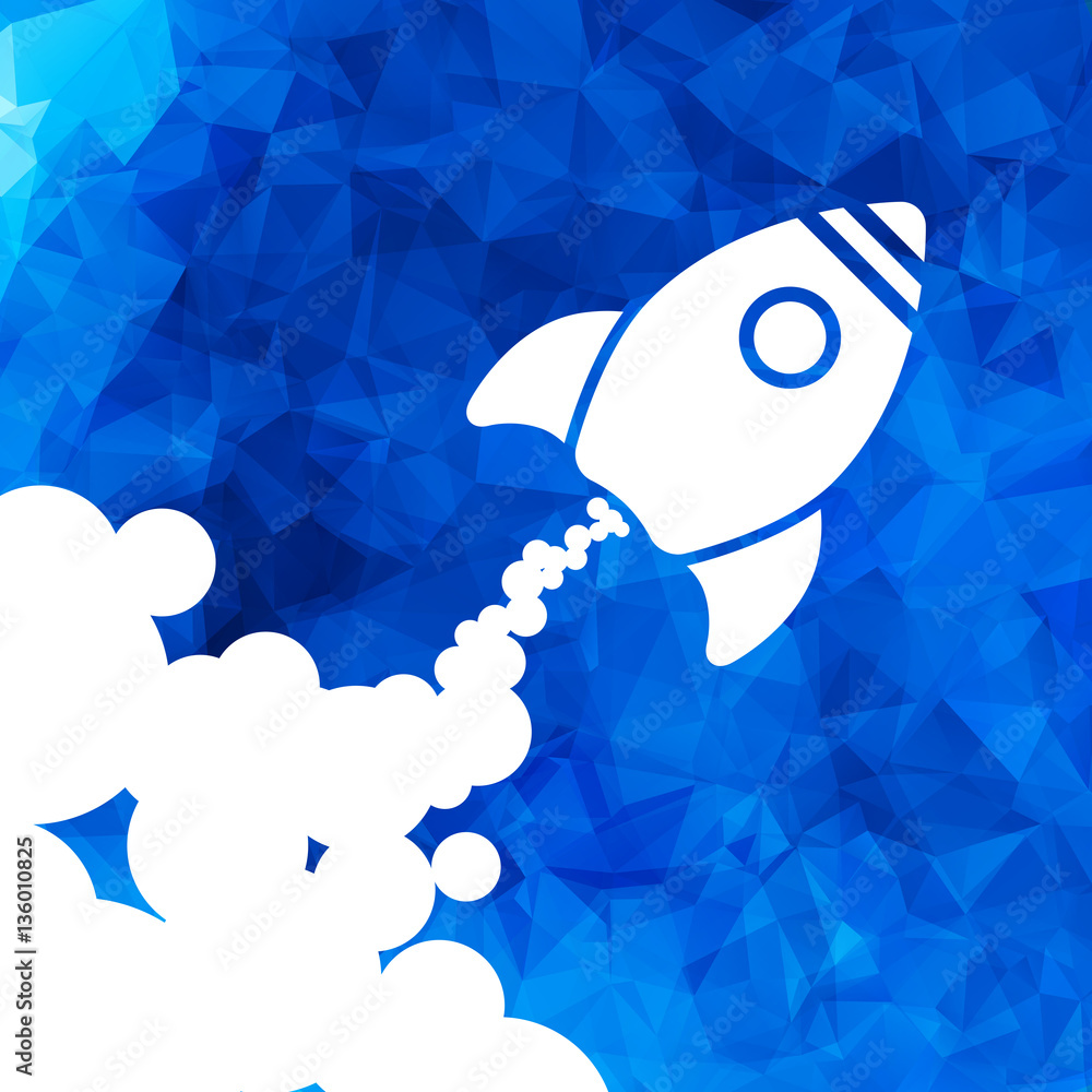 Obraz premium white rocket icon with clouds on a blue triangular background -