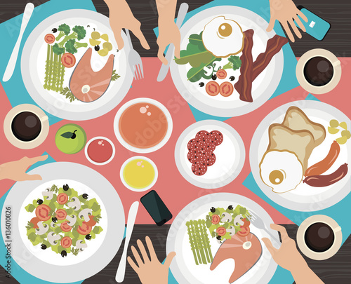 Cooking flat icons with table of dishes and people hands. Vector illustration