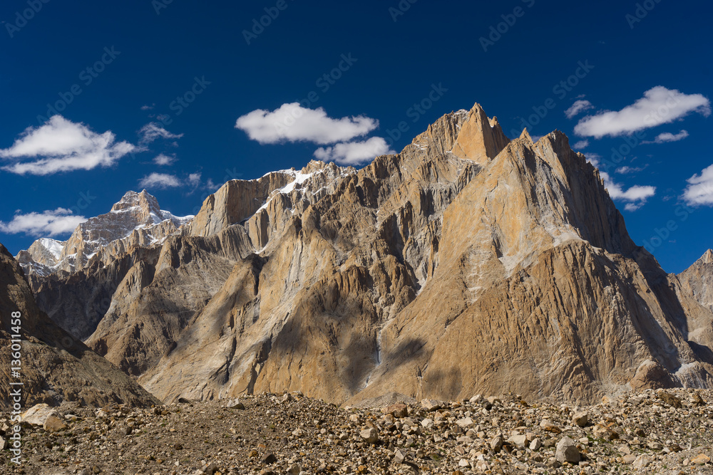 Great Trango tower and Cathedral tower cliff at Khobutse camp, K