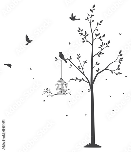 Silhouette of Birds with tree and birdcage