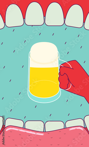 Open mouth and hand holding beer mug. Subjective view perspective. Wide angle.