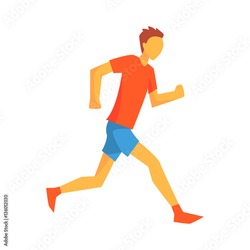 Man Conserving Energy For Marathon Run, Male Sportsman Running The Track In Red Top And Blue Short In Racing Competition Illustration © topvectors