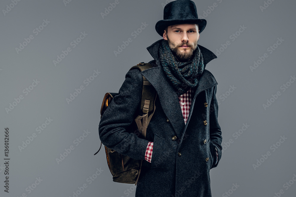 A man in a grey cylinder hat. A man in a grey cylinder hat.