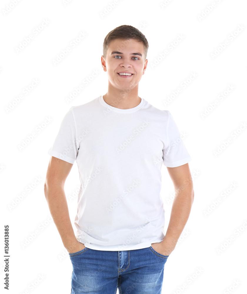 Handsome young man in blank t-shirt on white background Handsome young man in blank t-shirt on white background