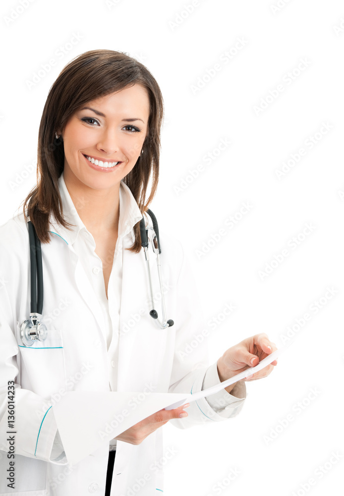 female doctor with prescription documents, isolated female doctor with prescription documents, isolated
